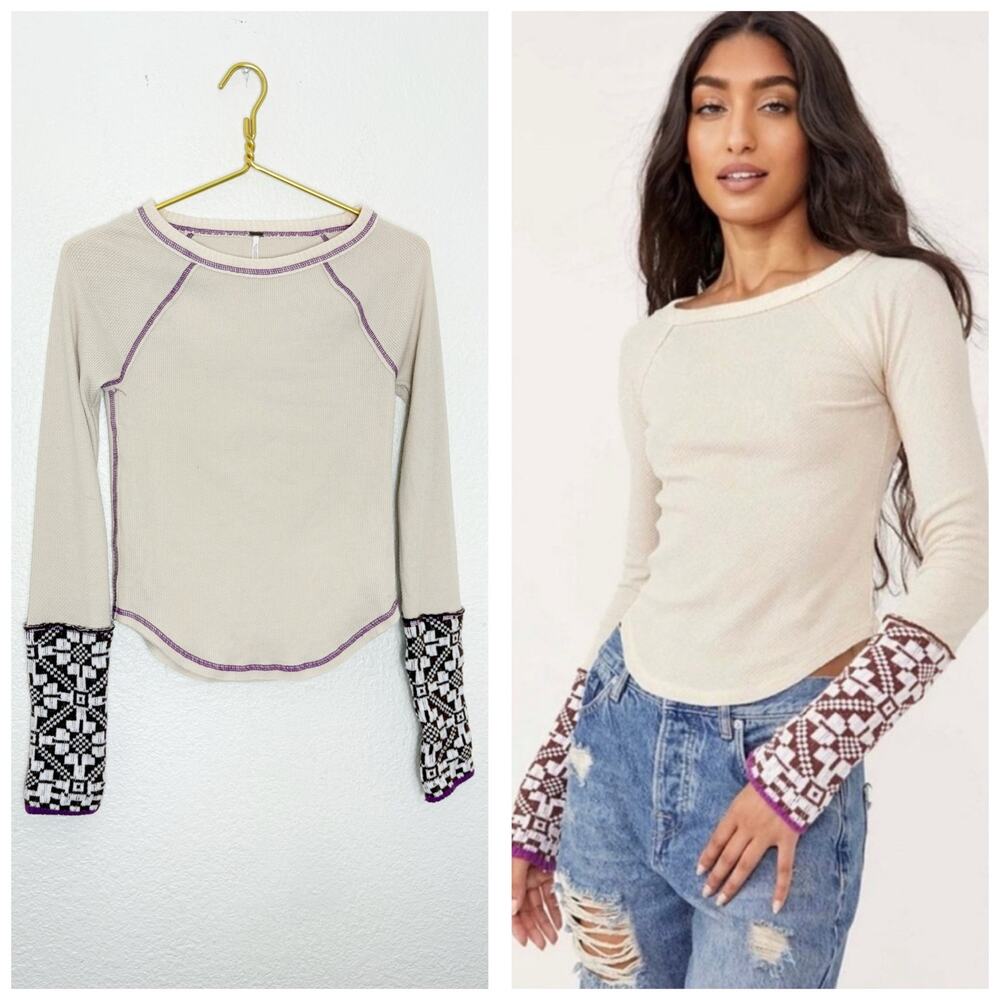 Free People She's Reversible Cuff Thermal Tee Oatmeal Size Small Bohemian